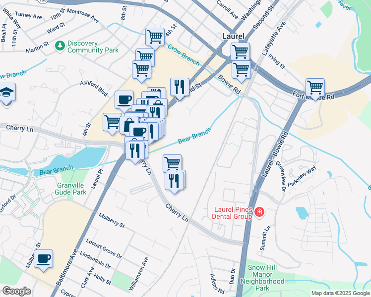 map of restaurants, bars, coffee shops, grocery stores, and more near 8610 Cherry Lane in Laurel