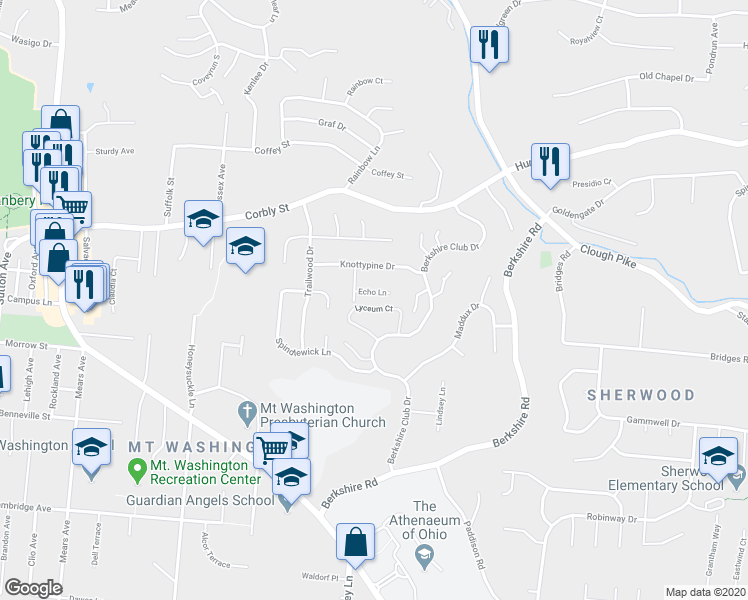 map of restaurants, bars, coffee shops, grocery stores, and more near 6615 Echo Lane in Cincinnati