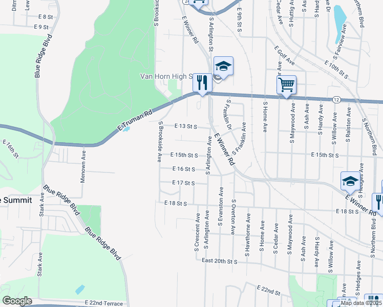 map of restaurants, bars, coffee shops, grocery stores, and more near 9511 East 15 Street South in Independence