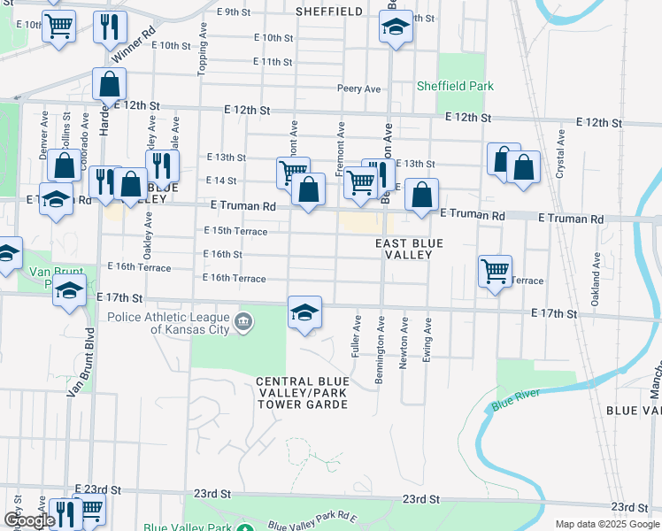 map of restaurants, bars, coffee shops, grocery stores, and more near 6414 East 16th Terrace in Kansas City