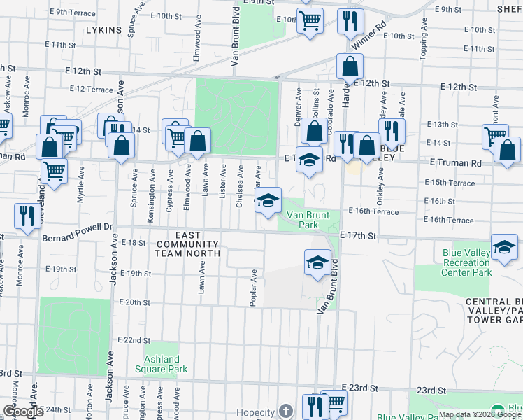 map of restaurants, bars, coffee shops, grocery stores, and more near 1614 Van Brunt Boulevard in Kansas City