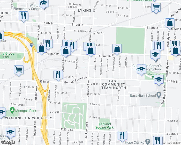map of restaurants, bars, coffee shops, grocery stores, and more near 1633 Jackson Avenue in Kansas City
