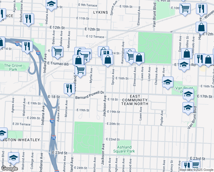 map of restaurants, bars, coffee shops, grocery stores, and more near 1633 Jackson Avenue in Kansas City