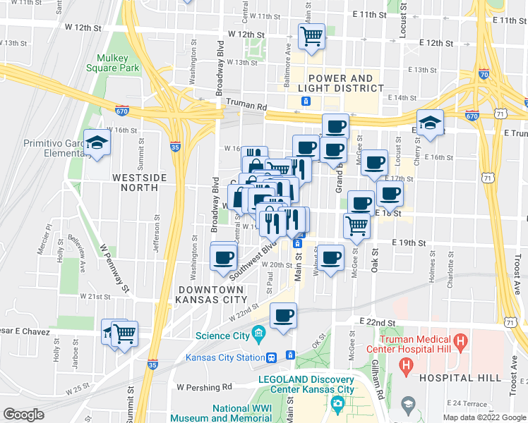 map of restaurants, bars, coffee shops, grocery stores, and more near 115 West 18th Street in Kansas City