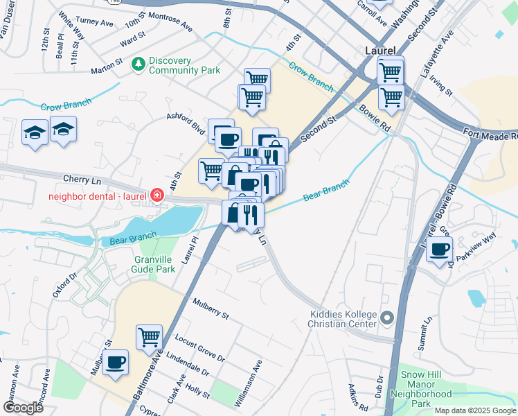 map of restaurants, bars, coffee shops, grocery stores, and more near 14703 Baltimore Avenue in Laurel