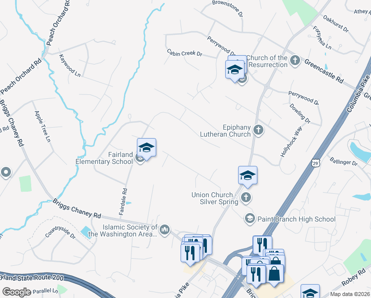 map of restaurants, bars, coffee shops, grocery stores, and more near 2798 Duvall Rd in Burtonsville