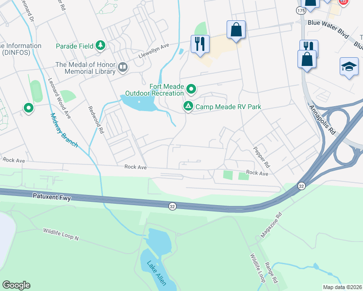map of restaurants, bars, coffee shops, grocery stores, and more near Morrison Street in Fort Meade