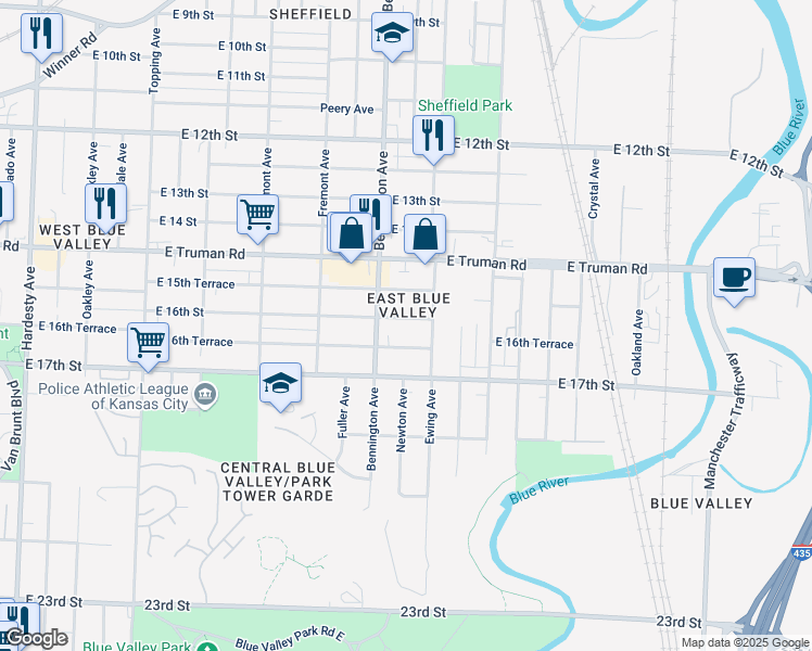 map of restaurants, bars, coffee shops, grocery stores, and more near 6625 East 16th Street in Kansas City