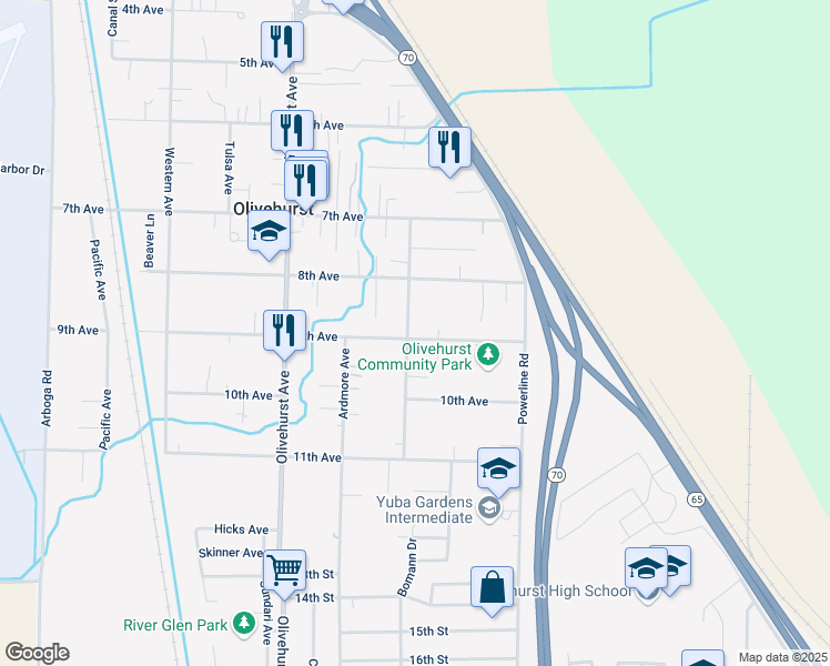 map of restaurants, bars, coffee shops, grocery stores, and more near 1894 9th Avenue in Olivehurst