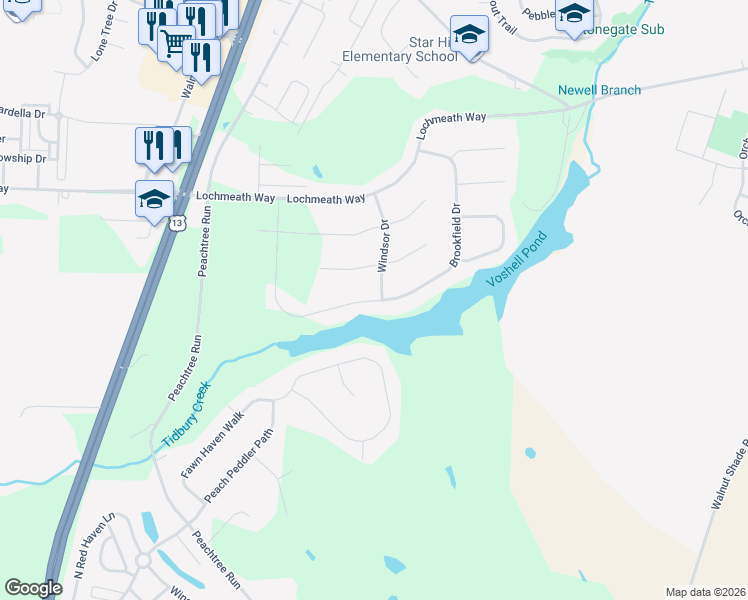 map of restaurants, bars, coffee shops, grocery stores, and more near Brookfield Drive in Kent County