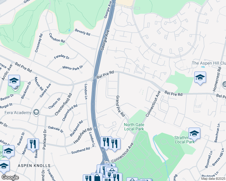 map of restaurants, bars, coffee shops, grocery stores, and more near 3960 Bel Pre Road in Silver Spring