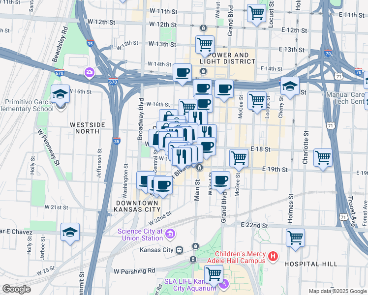 map of restaurants, bars, coffee shops, grocery stores, and more near 115 West 18th Street in Kansas City