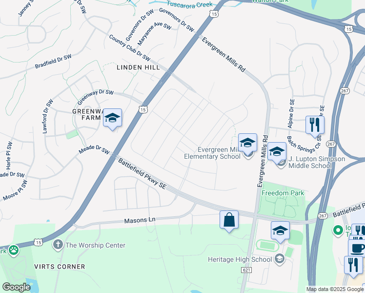 map of restaurants, bars, coffee shops, grocery stores, and more near 1003 Resilient Way SE in Leesburg