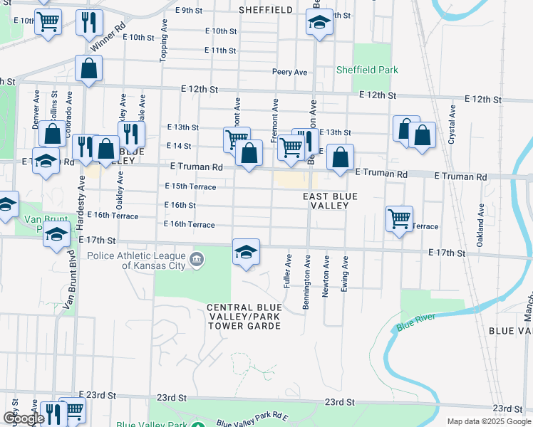 map of restaurants, bars, coffee shops, grocery stores, and more near 6414 East 16th Terrace in Kansas City