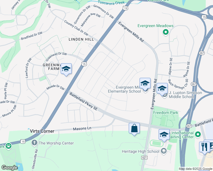 map of restaurants, bars, coffee shops, grocery stores, and more near 1003 Resilient Way SE in Leesburg