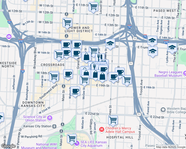 map of restaurants, bars, coffee shops, grocery stores, and more near 419 East 18th Street in Kansas City