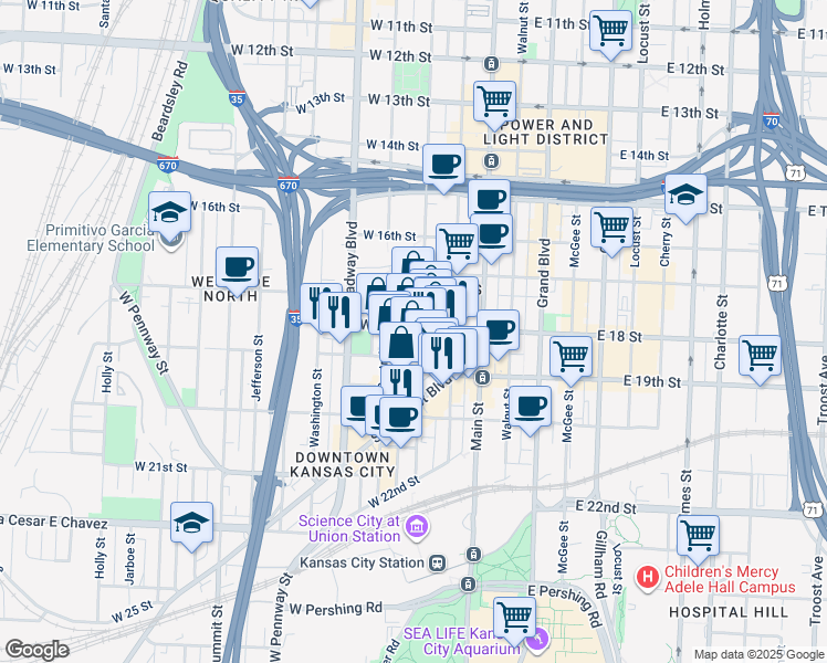 map of restaurants, bars, coffee shops, grocery stores, and more near 1809 Central Street in Kansas City