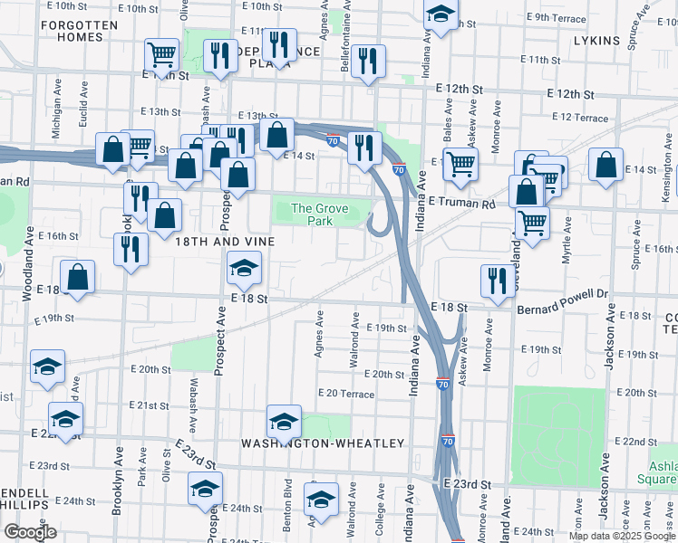 map of restaurants, bars, coffee shops, grocery stores, and more near 3015 East 17th Street in Kansas City