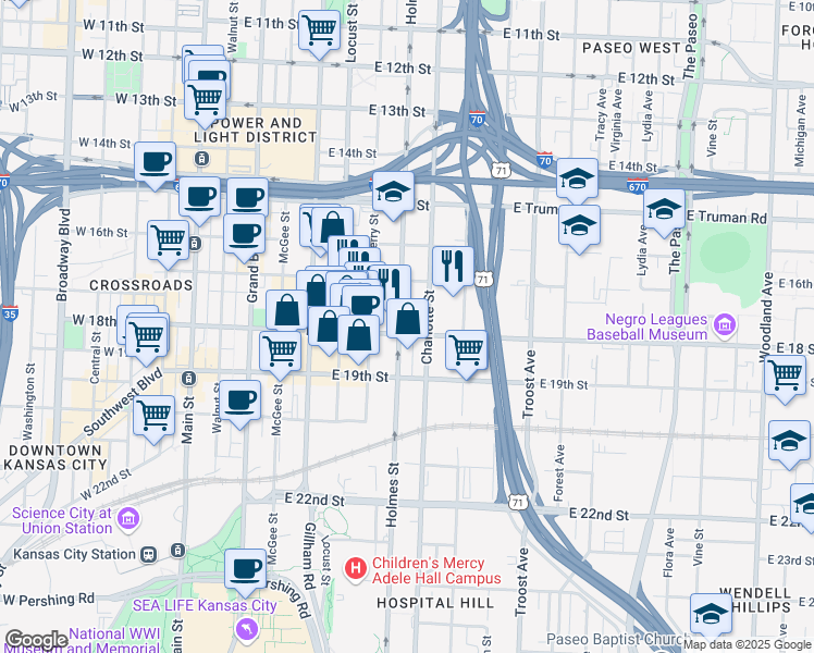 map of restaurants, bars, coffee shops, grocery stores, and more near 701-715 E 18th St in Kansas City