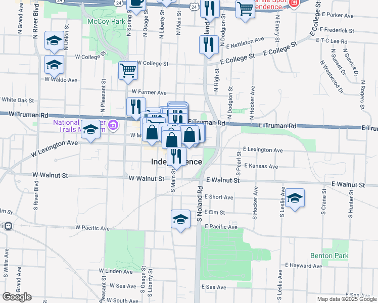 map of restaurants, bars, coffee shops, grocery stores, and more near 125 East Lexington Avenue in Independence