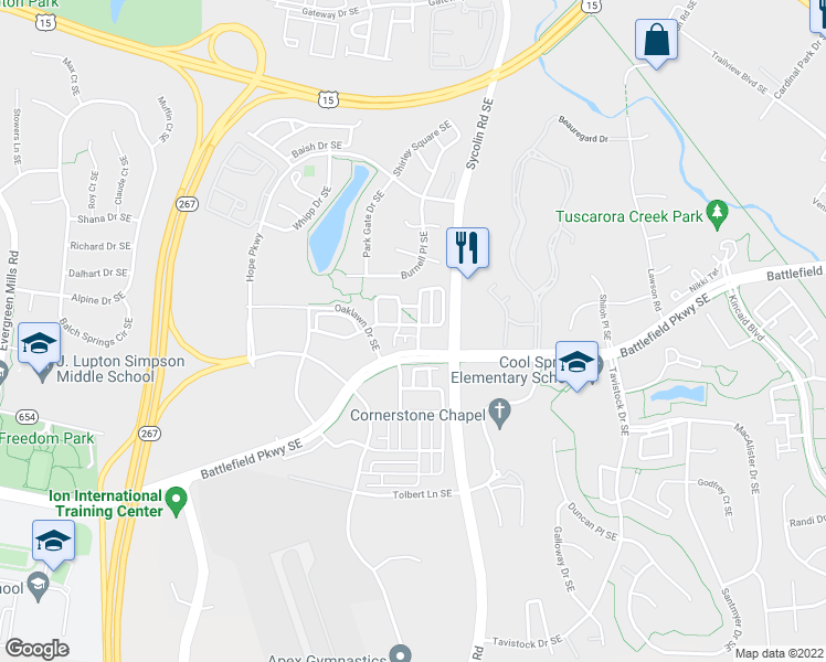 map of restaurants, bars, coffee shops, grocery stores, and more near 229 Great Laurel Square Southeast in Leesburg