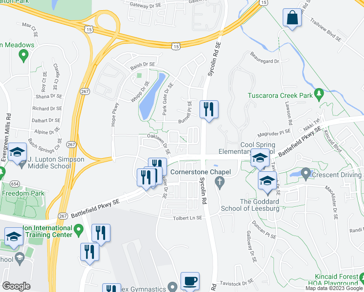 map of restaurants, bars, coffee shops, grocery stores, and more near 223 Great Laurel Square Southeast in Leesburg