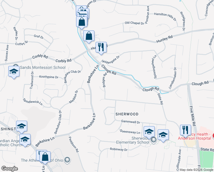 map of restaurants, bars, coffee shops, grocery stores, and more near 7036 Bridges Road in Cincinnati
