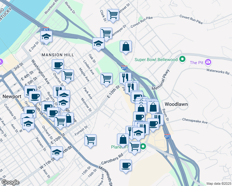 map of restaurants, bars, coffee shops, grocery stores, and more near 750 East 10th Street in Newport