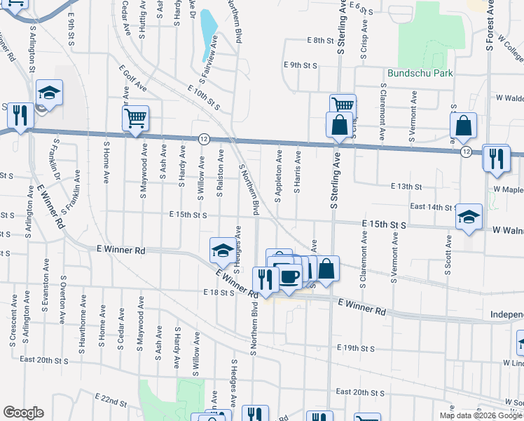map of restaurants, bars, coffee shops, grocery stores, and more near 10712 East 15th Street South in Independence