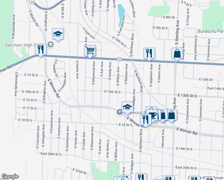 map of restaurants, bars, coffee shops, grocery stores, and more near 10403 East 15th Street South in Independence