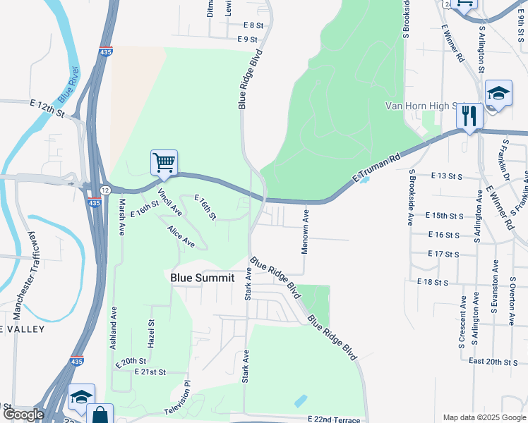 map of restaurants, bars, coffee shops, grocery stores, and more near 411 Stone Arch Drive in Independence