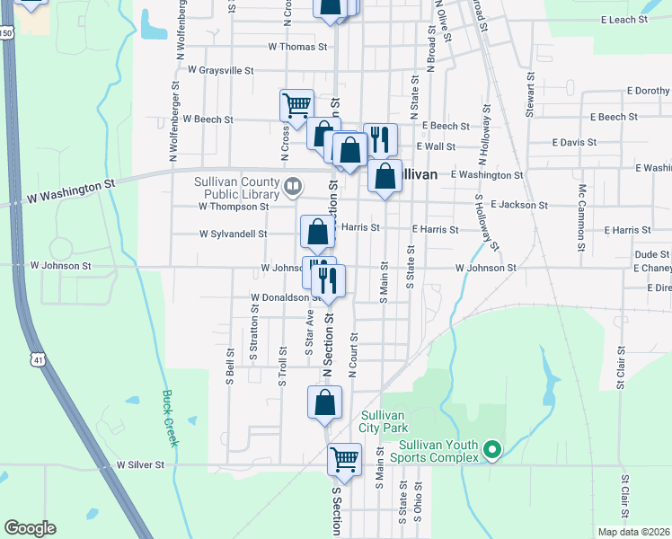 map of restaurants, bars, coffee shops, grocery stores, and more near 301 South Section Street in Sullivan