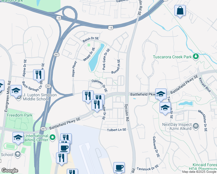 map of restaurants, bars, coffee shops, grocery stores, and more near 209 Great Laurel Square Southeast in Leesburg
