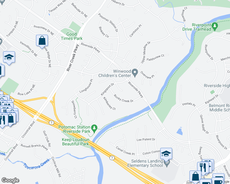 map of restaurants, bars, coffee shops, grocery stores, and more near 18946 Rocky Creek Drive in Leesburg