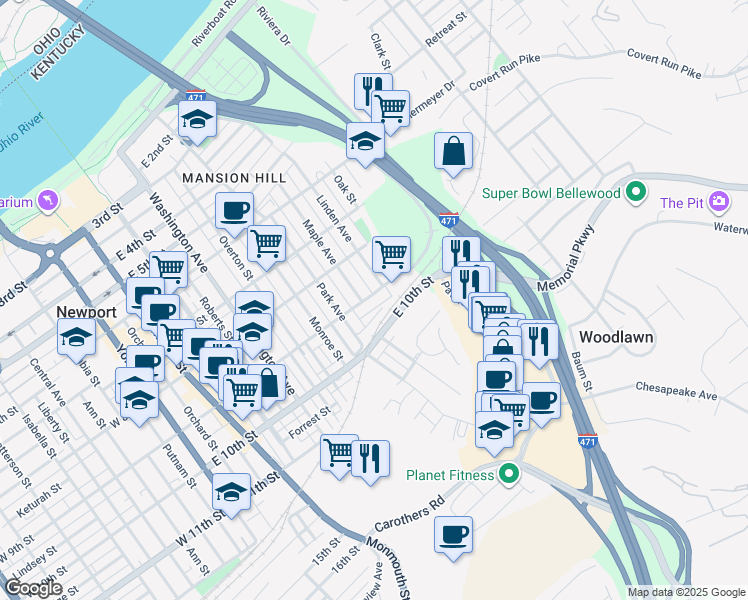 map of restaurants, bars, coffee shops, grocery stores, and more near 708 East 9th Street in Newport