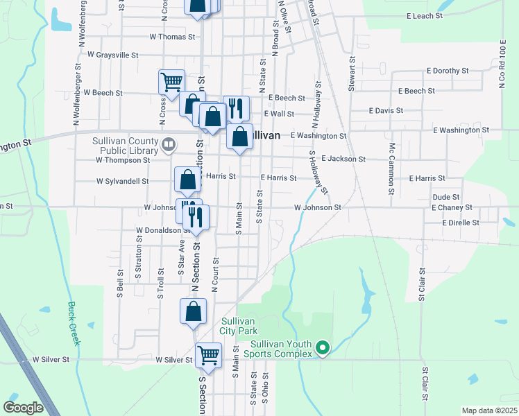map of restaurants, bars, coffee shops, grocery stores, and more near 99 E Johnson St in Sullivan