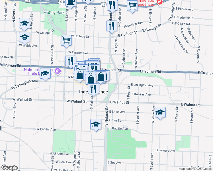 map of restaurants, bars, coffee shops, grocery stores, and more near 110 South Noland Road in Independence