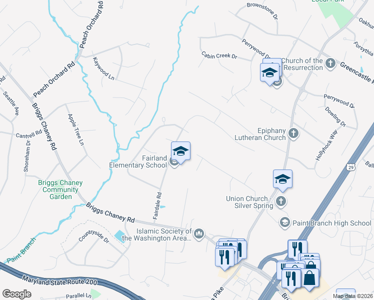 map of restaurants, bars, coffee shops, grocery stores, and more near 2701 Fairdale Terrace in Silver Spring