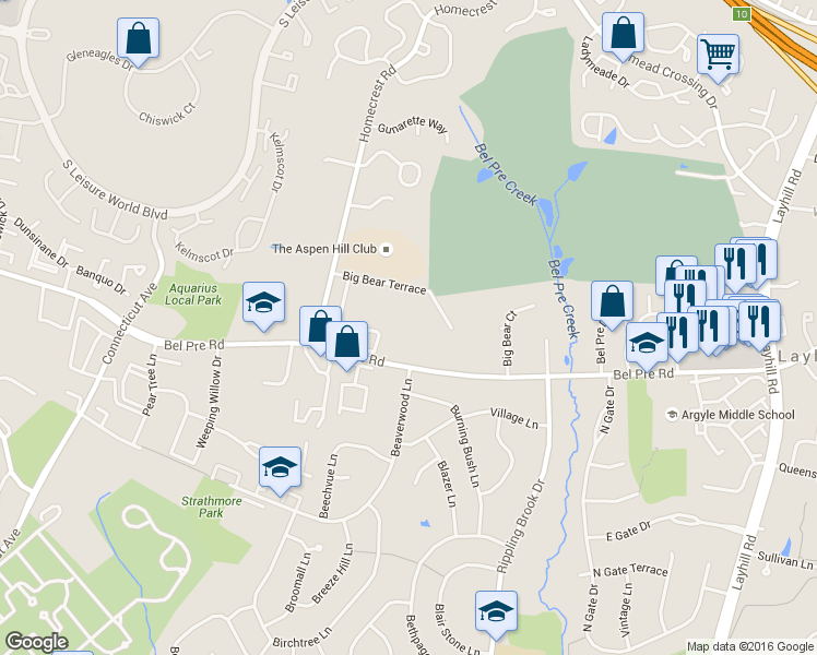 map of restaurants, bars, coffee shops, grocery stores, and more near 2901 Bel Pre Road in Silver Spring