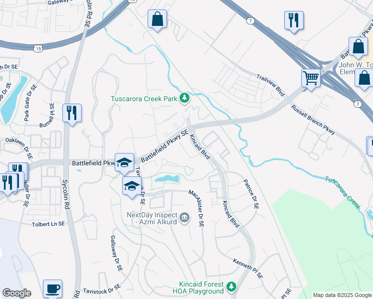 map of restaurants, bars, coffee shops, grocery stores, and more near 330 Caldwell Terrace Southeast in Leesburg
