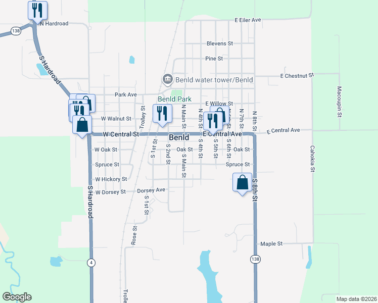 map of restaurants, bars, coffee shops, grocery stores, and more near 201 South Main Street in Benld