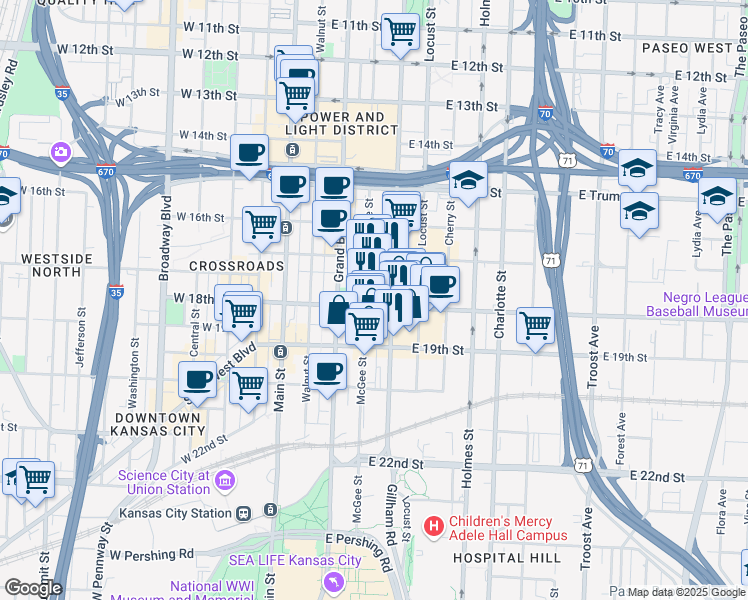 map of restaurants, bars, coffee shops, grocery stores, and more near 1737 McGee Street in Kansas City