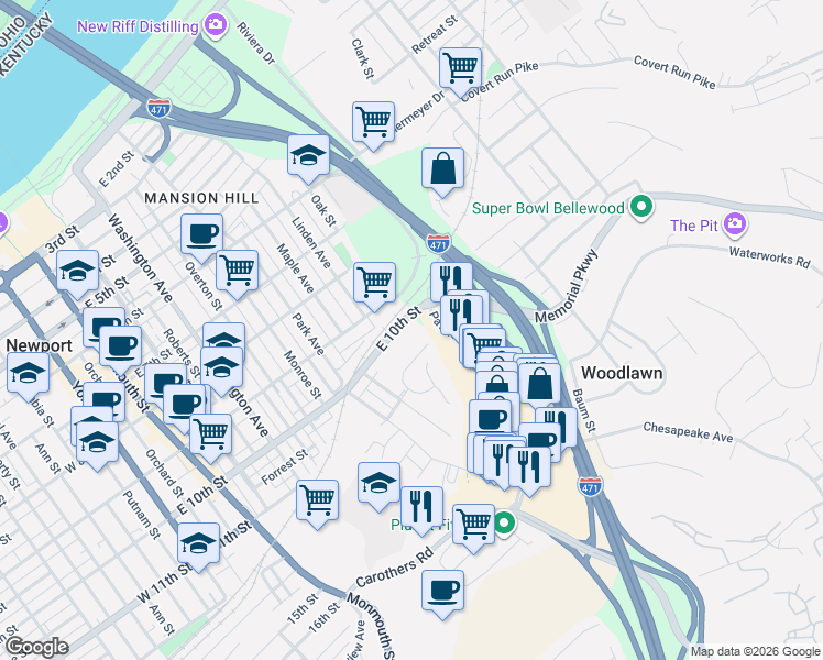 map of restaurants, bars, coffee shops, grocery stores, and more near 750 East 10th Street in Newport