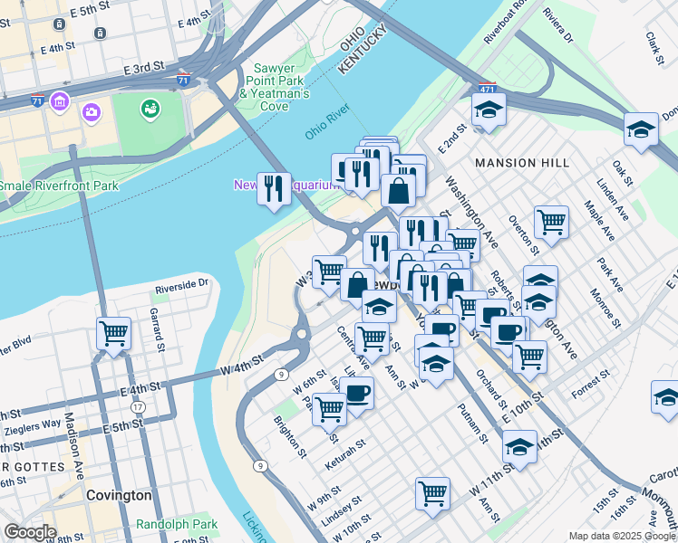 map of restaurants, bars, coffee shops, grocery stores, and more near 105 West 4th Street in Newport