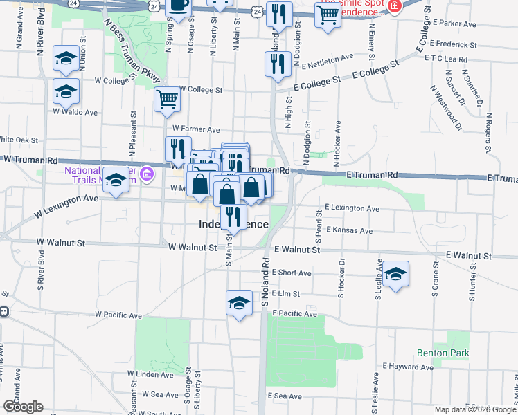 map of restaurants, bars, coffee shops, grocery stores, and more near 125 East Lexington Avenue in Independence