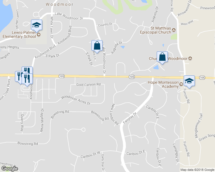 map of restaurants, bars, coffee shops, grocery stores, and more near 635 Woodmoor Acres Drive in Monument