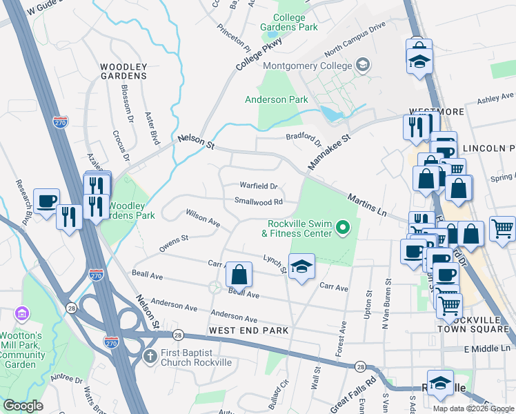 map of restaurants, bars, coffee shops, grocery stores, and more near 514 Mannakee Street in Rockville