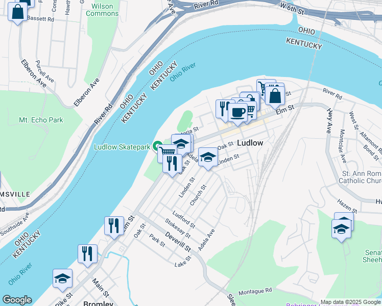 map of restaurants, bars, coffee shops, grocery stores, and more near 209 Adela Avenue in Ludlow