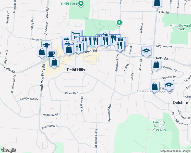 map of restaurants, bars, coffee shops, grocery stores, and more near 4988 Mount Alverno Road in Cincinnati