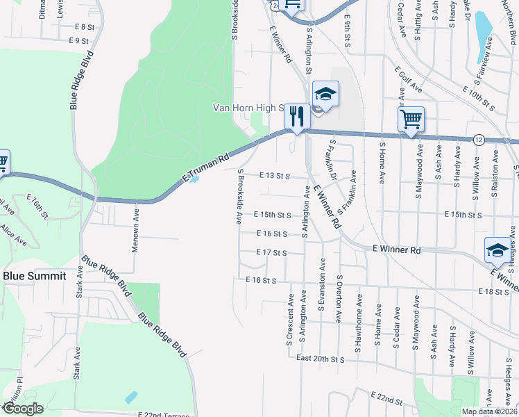 map of restaurants, bars, coffee shops, grocery stores, and more near 9333 East 15 Street South in Independence